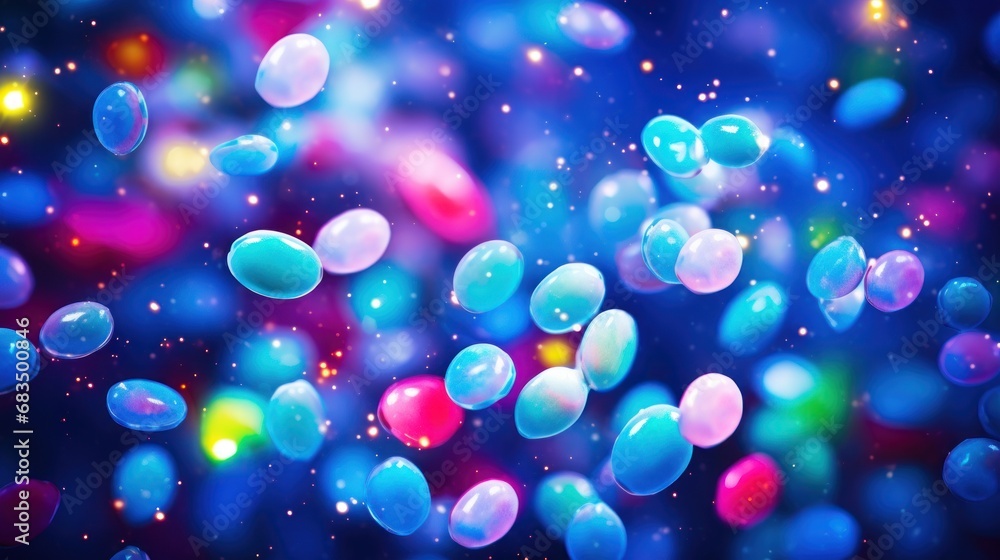 Poster a bunch of bubbles floating on top of a blue surface with a lot of bubbles floating on top of it.