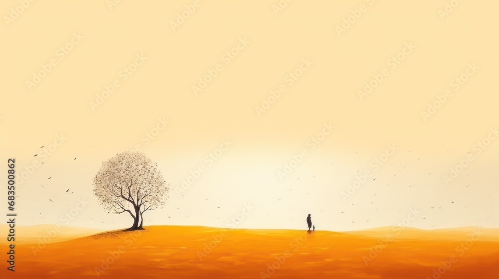 Poster a painting of two people standing in the middle of a field with a tree in the middle of the field.
