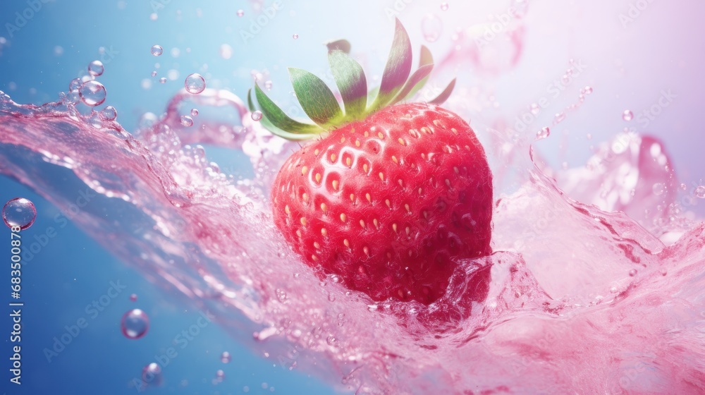 Poster a strawberry with a green leaf sticking out of the top of it's head floating in a pool of water.