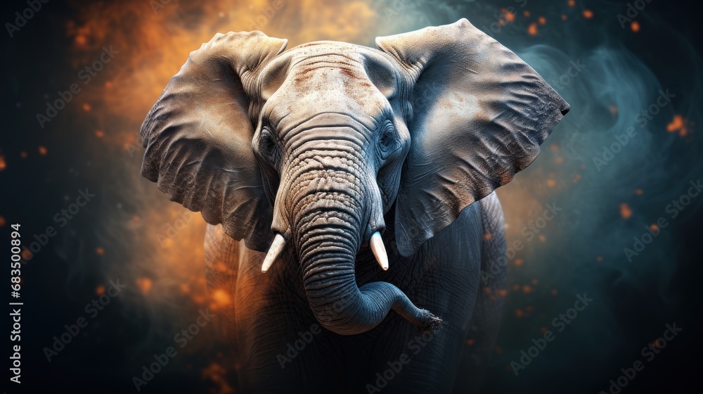 Poster an elephant with tusks standing in front of a dark background with orange and yellow light coming fr