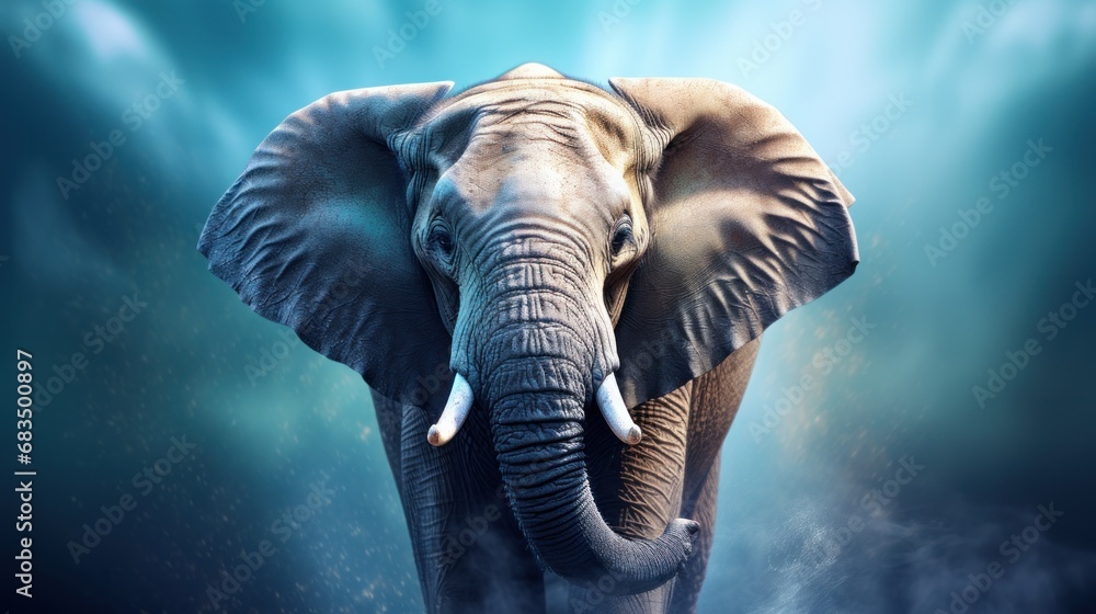 Poster an elephant with tusks standing in front of a blue background with rays of light coming from behind 
