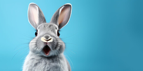 cute gray rabbit on blue background with copy space.  Art design for backdrop or wallpaper with copy space.