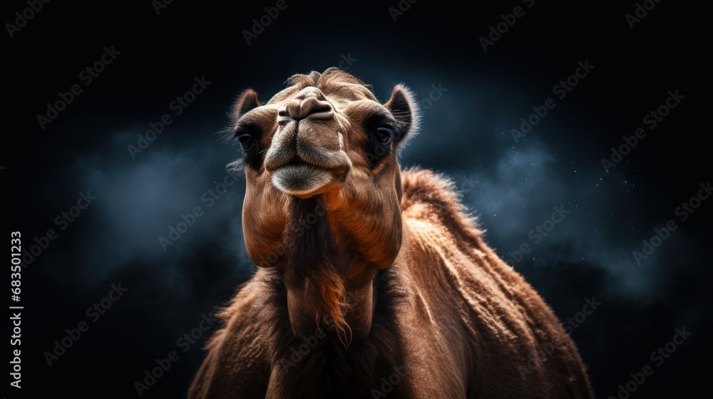 Poster a close up of a camel's face on a dark background with a cloud of smoke in the background.