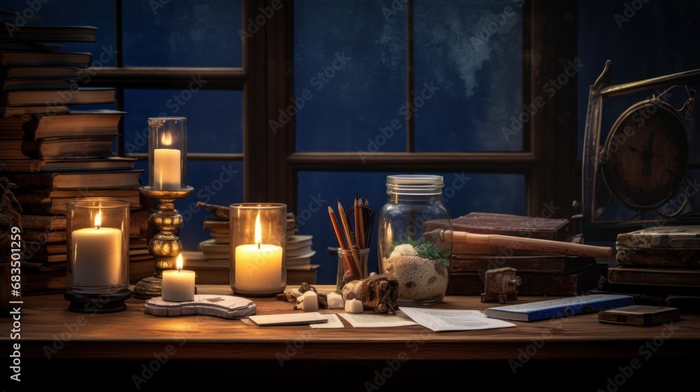Aufkleber a table topped with lots of books next to a window with a lit candle on top of it next to a pile of 