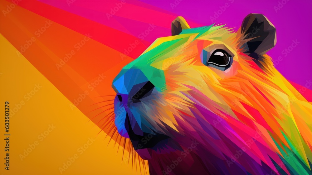 Poster a close up of a bear's face with a multicolored pattern on the back of it's face.