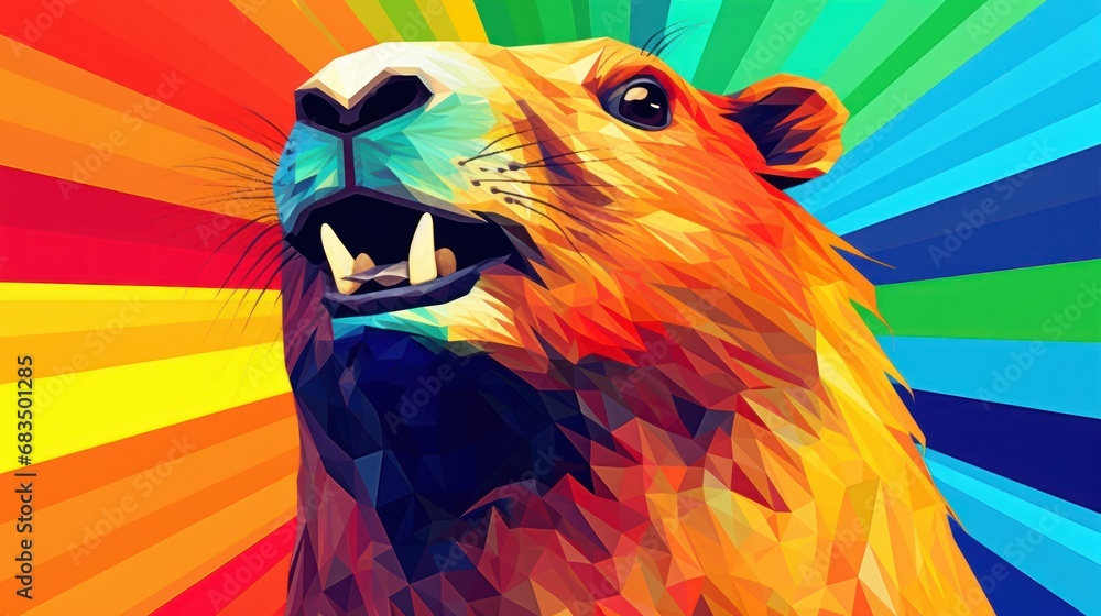 Poster a close up of a bear's face on a multicolored background with a sunburst in the background.