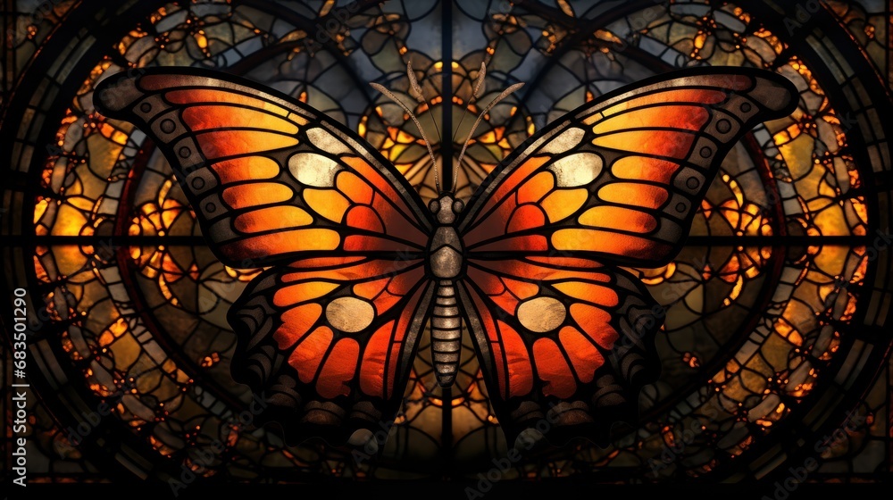 Poster  a close up of a stained glass window with a large butterfly on it's back and a cross on it's side.