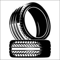 Two automobile rubber tires without discs. Vector monochrome illustration. Template for design