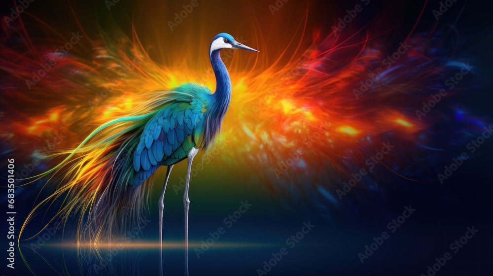 Poster a painting of a peacock standing in front of a multicolored background with a firework effect in the