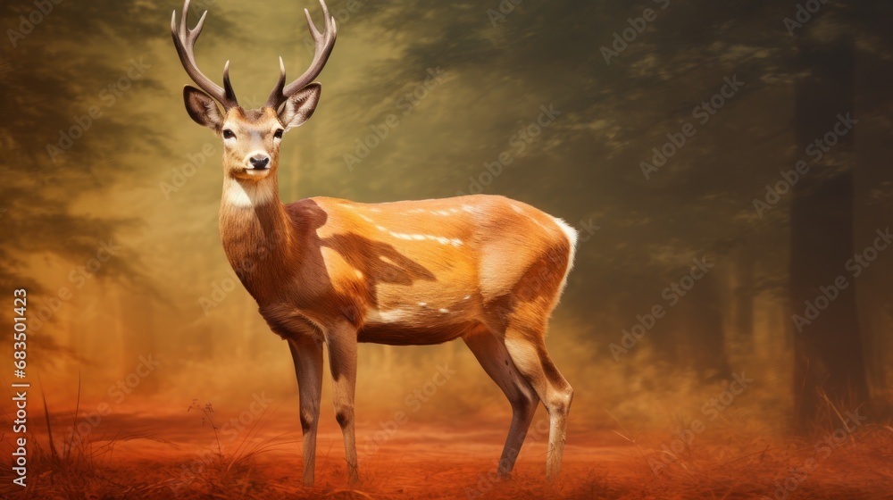 Aufkleber  a deer standing in the middle of a forest in front of a foggy sky with trees in the background.
