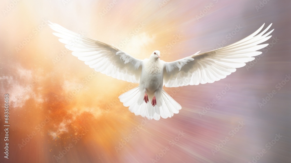 Poster a white bird flying through the air with its wings wide open and wings wide open in front of a color