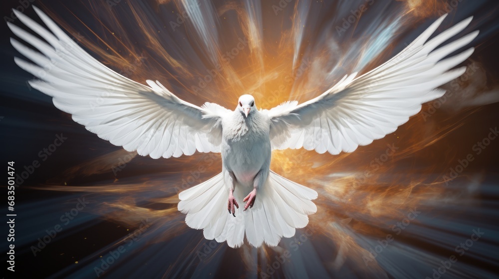 Poster a white bird flying through the air with its wings wide open and wings wide open in front of the cam