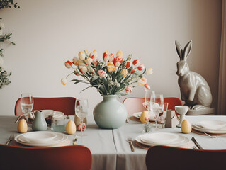setting the Easter table with flowers and a rabbit statue