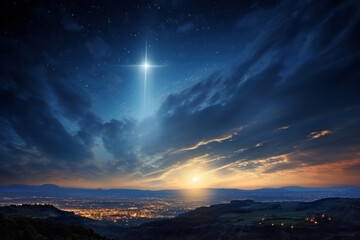 The star shines over the manger of Christmas of Jesus Christ.