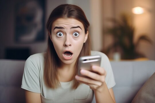 Phone message surprised woman home sit. Open mouth mobile shock reading. Generate Ai