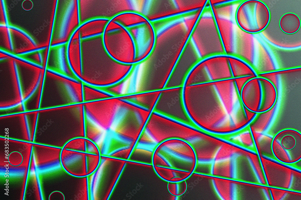 Poster geometric abstract background. red-green circles and straight lines intersect and overlap each other