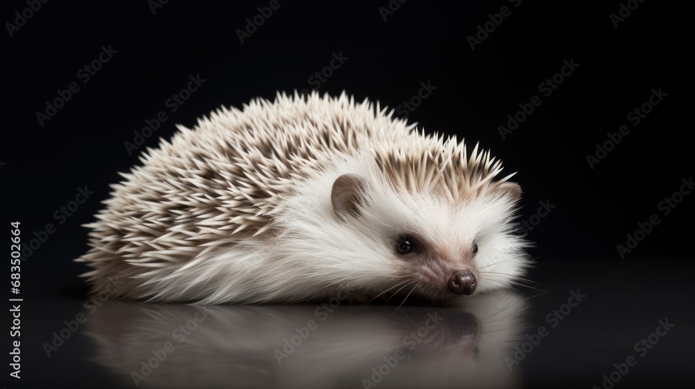 Poster a close up of a small hedgehog on a black surface with a reflection on the surface and a black backg