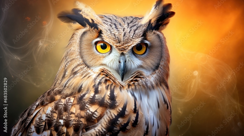 Poster a close up of a bird of prey with a blurry background and a yellow light in the middle of the image.