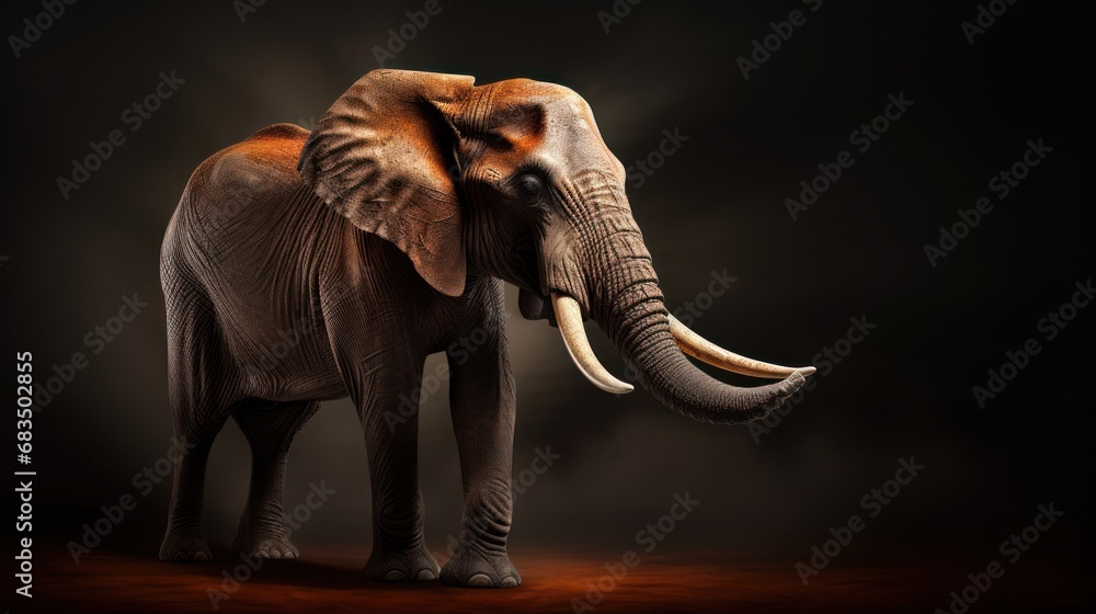 Poster an elephant with tusks is standing in the dark with its trunk up and it's head turned to the side.