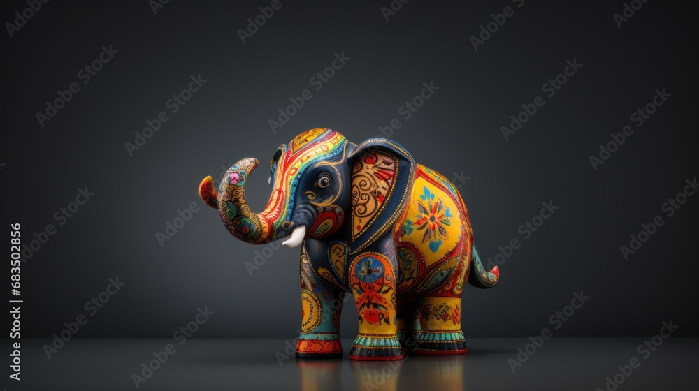 Poster a brightly colored elephant is standing on a reflective surface in front of a dark background with a