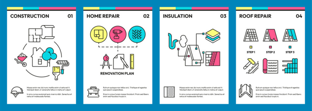 Home repair brochure. Maintenance renovation magazine cover with tools and renovation workman flat style, promotion brochure cover. Vector illustration of maintenance brochure construction