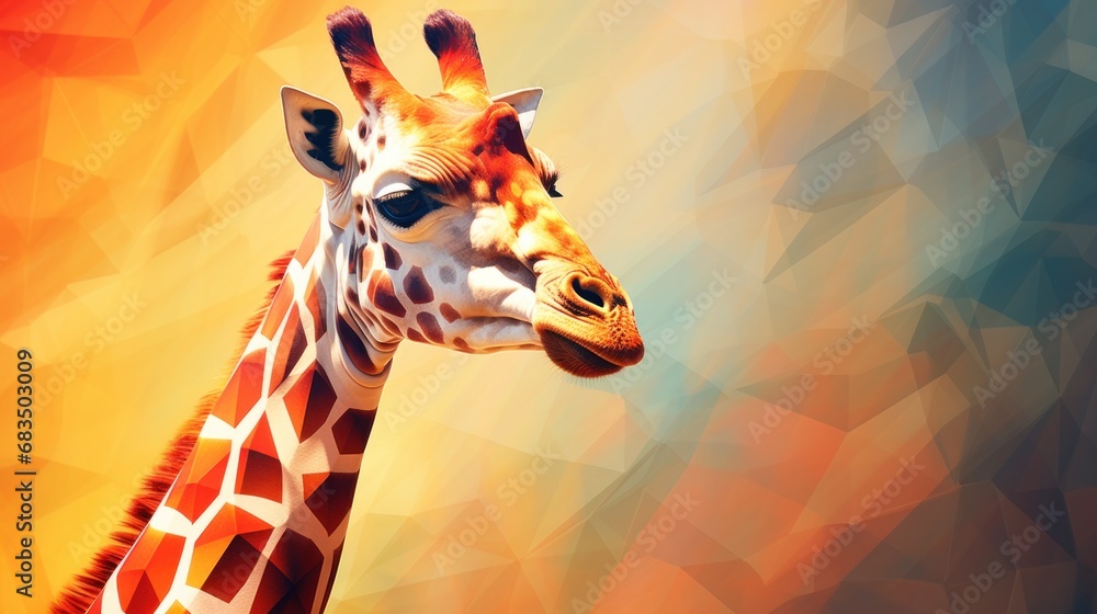 Poster a close up of a giraffe's head with a multicolored background in the foreground.