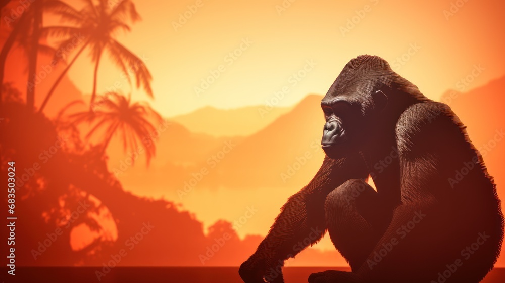 Poster a gorilla sitting on a rock in front of a sunset with palm trees and a mountain range in the backgro