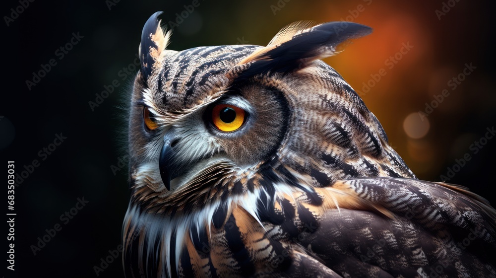 Poster a close up of a bird of prey on a black background with a blurry image of the head of an owl.