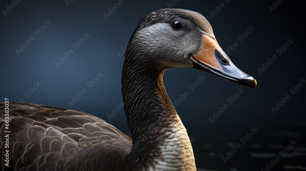 Poster a close up of a duck on a dark background with a blurry image of the duck's head.