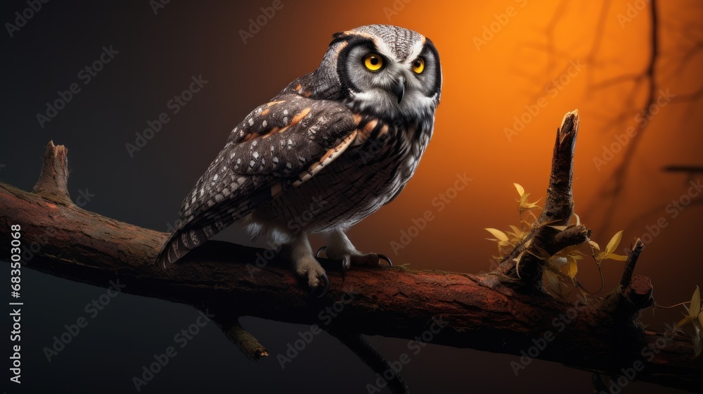 Poster an owl sitting on top of a tree branch with an orange light behind it and a tree branch in the foreg