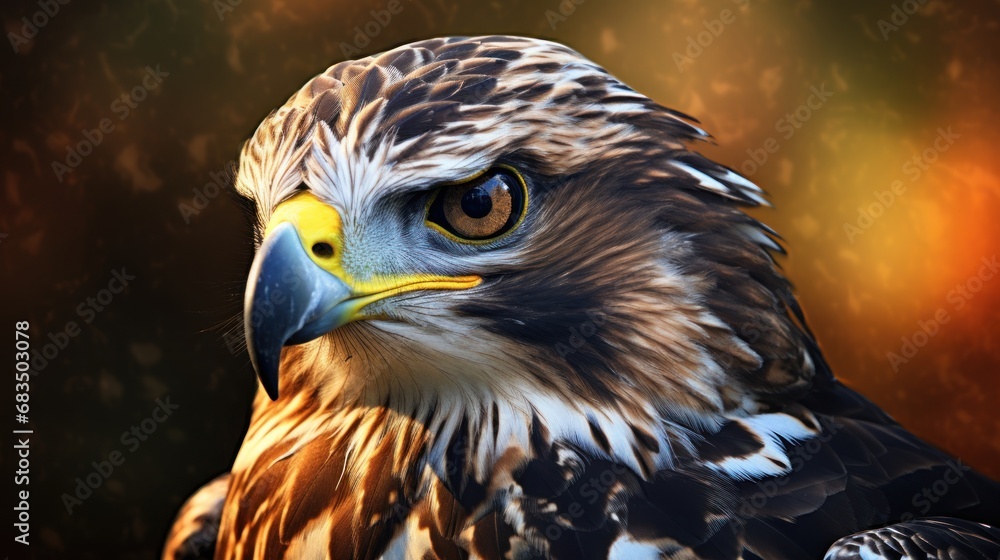Poster a close up of a bird of prey with a blurry background and a blurry image of the head of a hawk.