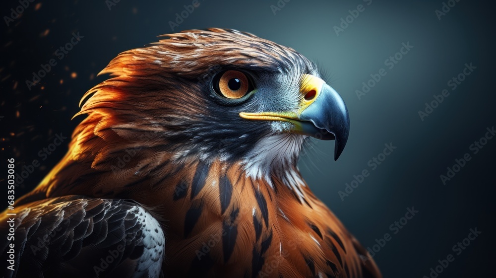 Poster a close up of a bird of prey on a dark background with a blurry light coming from behind it.