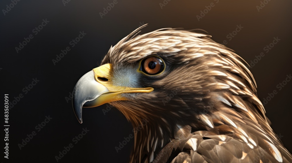 Poster  a close up of a bird of prey on a black background with a blurry back drop of the image.