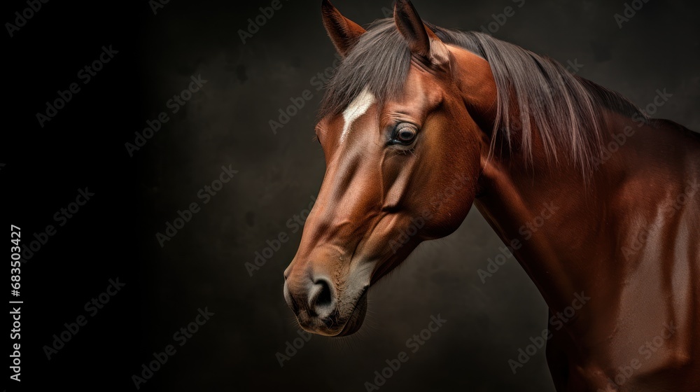 Poster a brown horse with a white spot on its forehead and a black background with a white spot on its fore