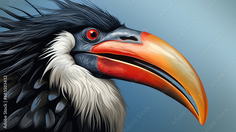 Poster a close up of a bird with a long beak and a large beak with a large orange and black beak.