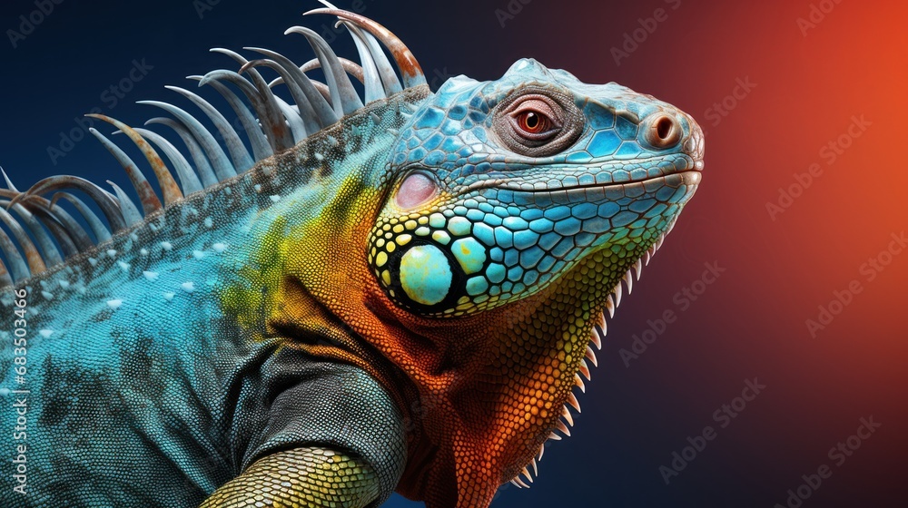 Poster a close up of an iguana on a black and blue background with a red light in the background.