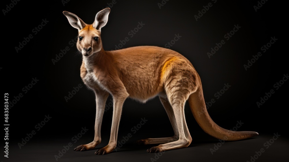 Poster a close up of a kangaroo on a black background with a yellow strip on it's back end and a black back