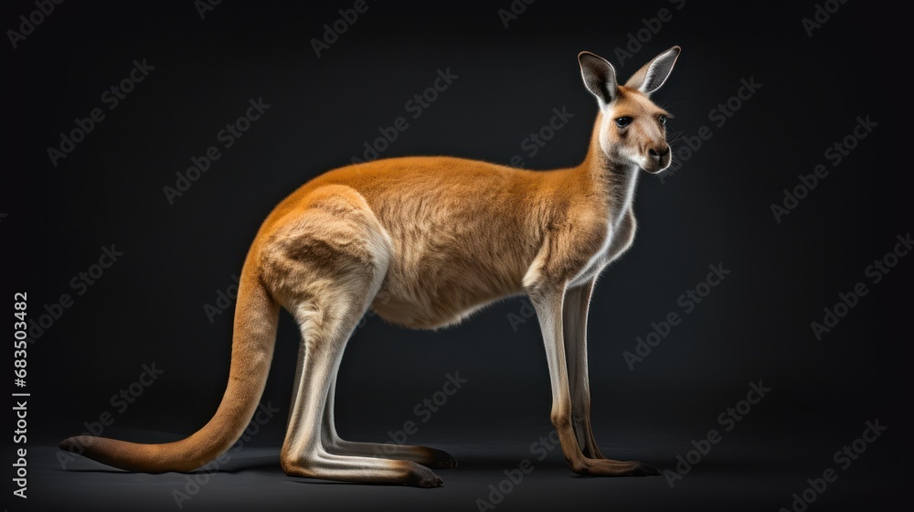 Poster a close up of a kangaroo on a black background with a blurry image of a kangaroo in the background.