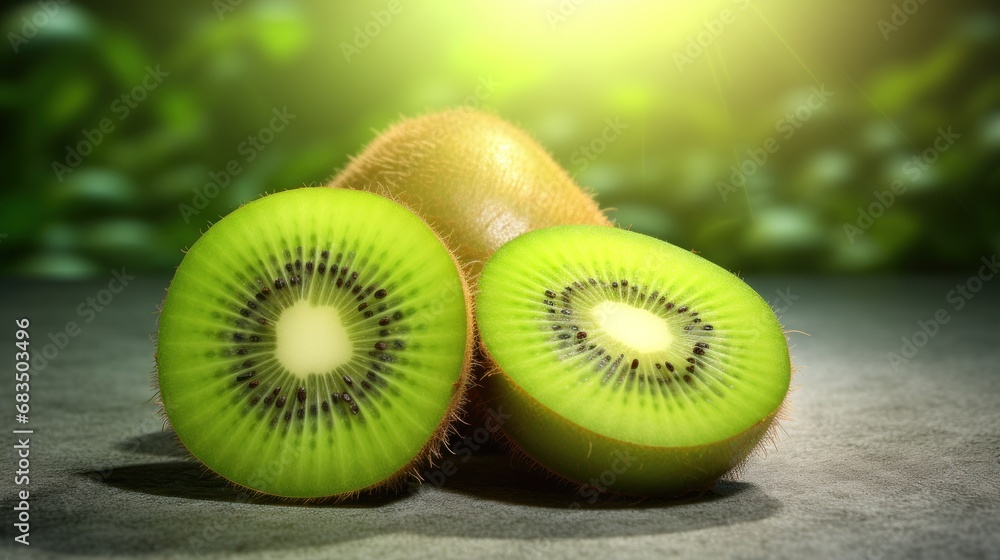 Poster a couple of kiwis sitting on top of a table next to a slice of kiwi on top of another kiwi.