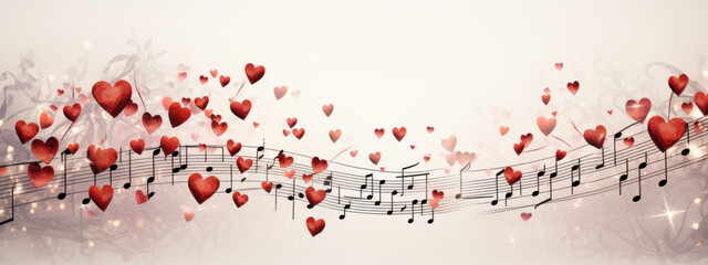 Musical notes and hearts intertwine in a whimsical pattern, a visual melody for a Valentine's Day Music Playlist. The image sings of romance and harmony. - obrazy, fototapety, plakaty