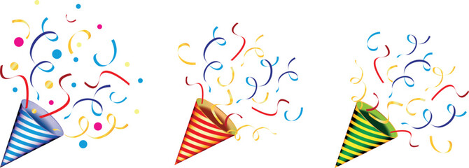 Set confetti party popper icon, fireworks logo, cap, flat design. Exploding Colorful Confetti Popper. Vector illustration isolated on white background.