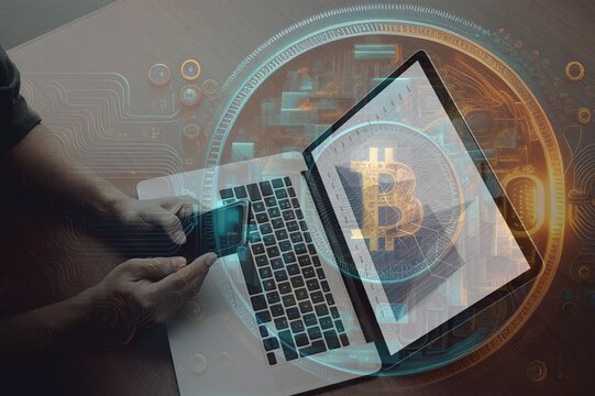 Hombre trabajando con su celular y laptop manejando sus inversiones, siguiendo las cotizaciones de las criptomonedas, s&iacute;mbolo de bitcoin 