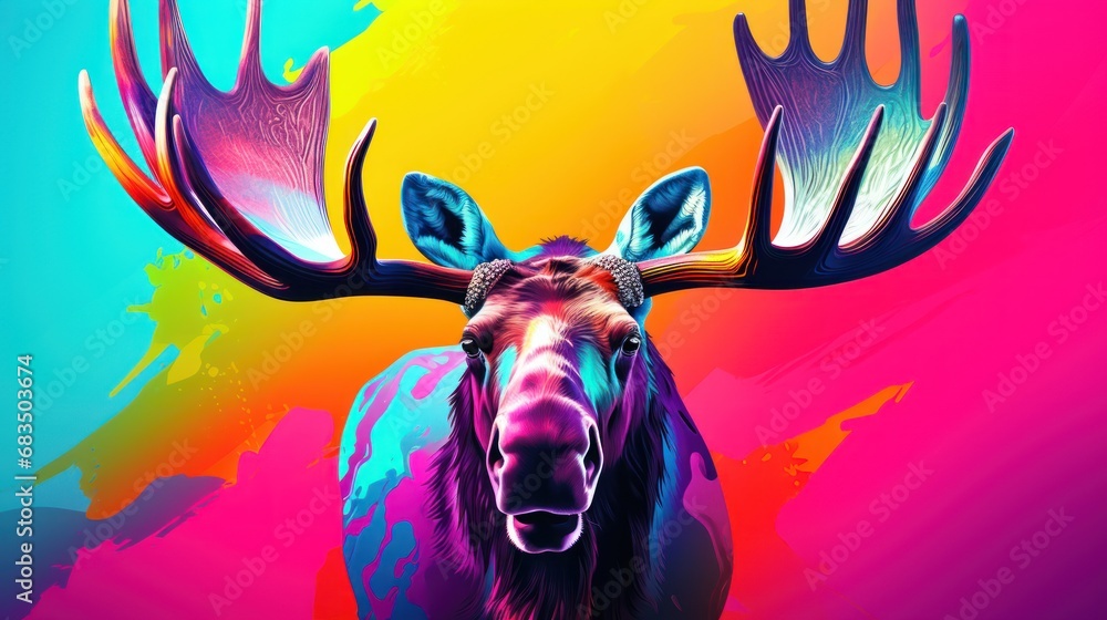 Poster a painting of a moose with large antlers on it's head and a multicolored background behind it.