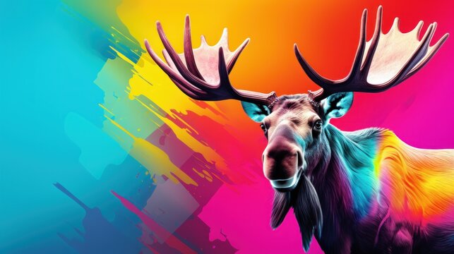  a painting of a moose with large antlers on it's head and multi - colored paint splatters in the background.