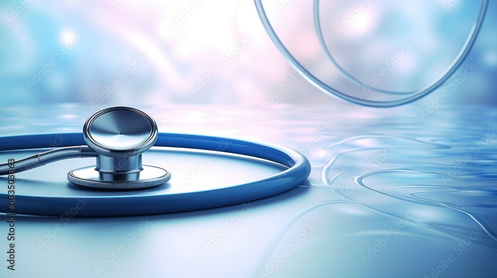 Poster a stethoscope sitting on top of a white table next to a blue and white circular object in the backgr