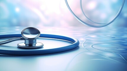  a stethoscope sitting on top of a white table next to a blue and white circular object in the background.