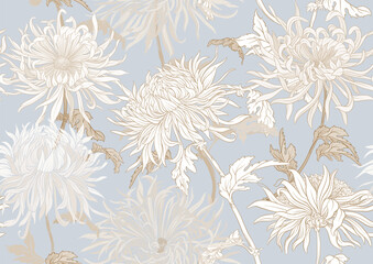 Chrysanthemum decorative flowers and leaves in art nouveau style, vintage, old, retro style. Seamless pattern, background. Vector illustration In vintage blue and beige colors