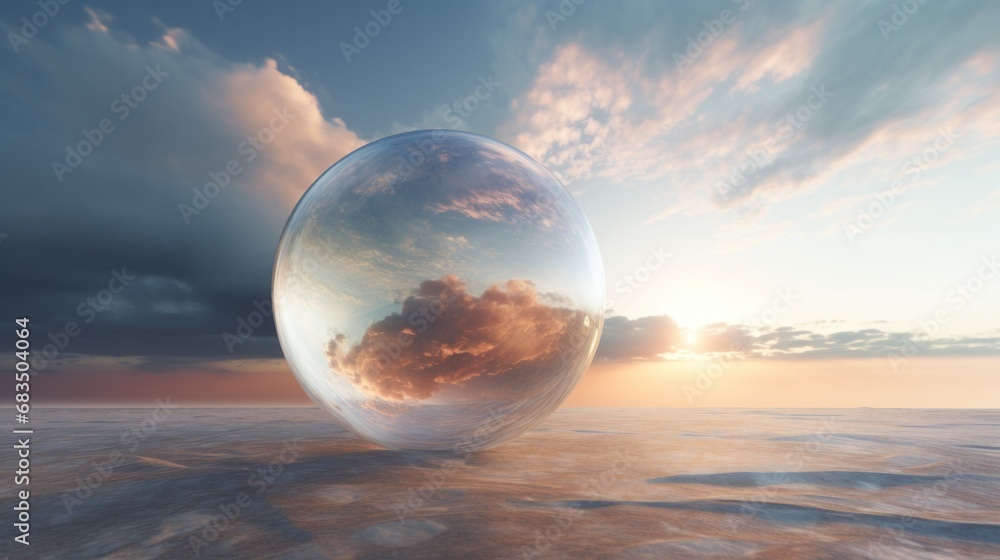 Poster a large glass ball floating in the middle of a desert under a cloudy sky with a sun setting behind i