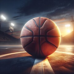 Photo realistic image of a basketball on a court at sunset, with a hoop and lights in the background.