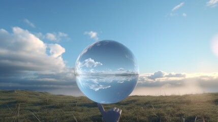  a person holding up a large blue ball in a grassy field with a sky and clouds reflected in the ball.